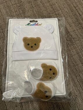 White Baby Hat and Booties Set with Brown Bear Appliqué NWT